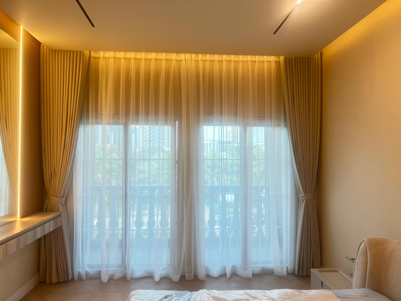 Seamless corner-to-corner heavy greige textured linen drapery